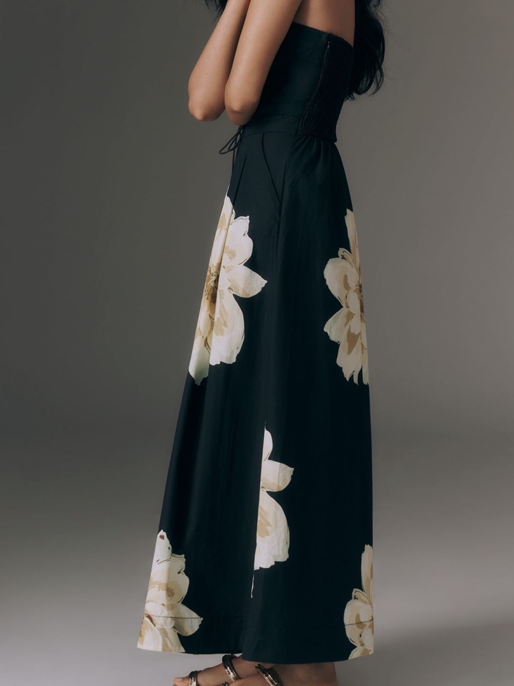Anthropologie Maeve Strapless Smocked Maxi Dress Pockets Black Floral size large - Picture 4 of 12